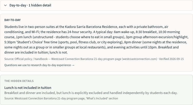 Expanded day-to-day note and hidden detail on the Westcoast Connection pre-college program in Barcelona, including an unstructured lunch, a Student’s Choice block, and a note that lunch is not included in tuition.
